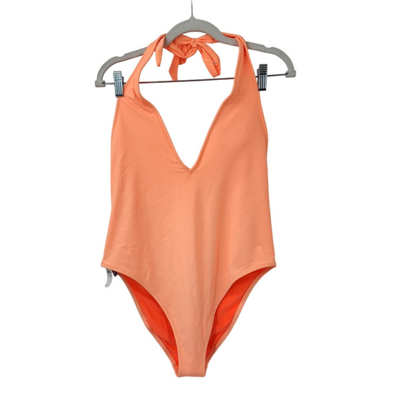NWT Aerie Halter Deep Plunge One Piece Swimsuit in Sorbet Orange. Size Orange XL - Picture 2 of 8